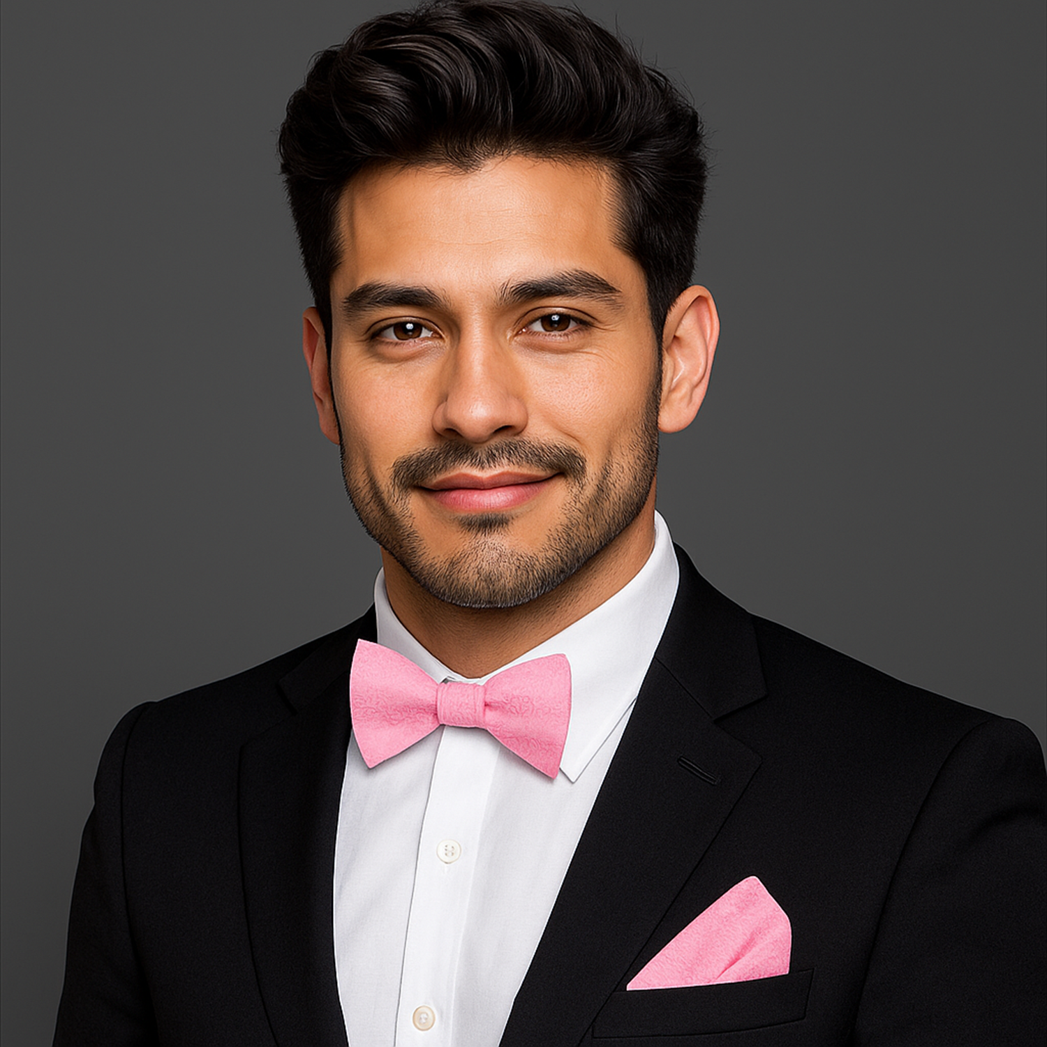 Man wearing a black suit with a pink bow tie and pocket square on a gray background