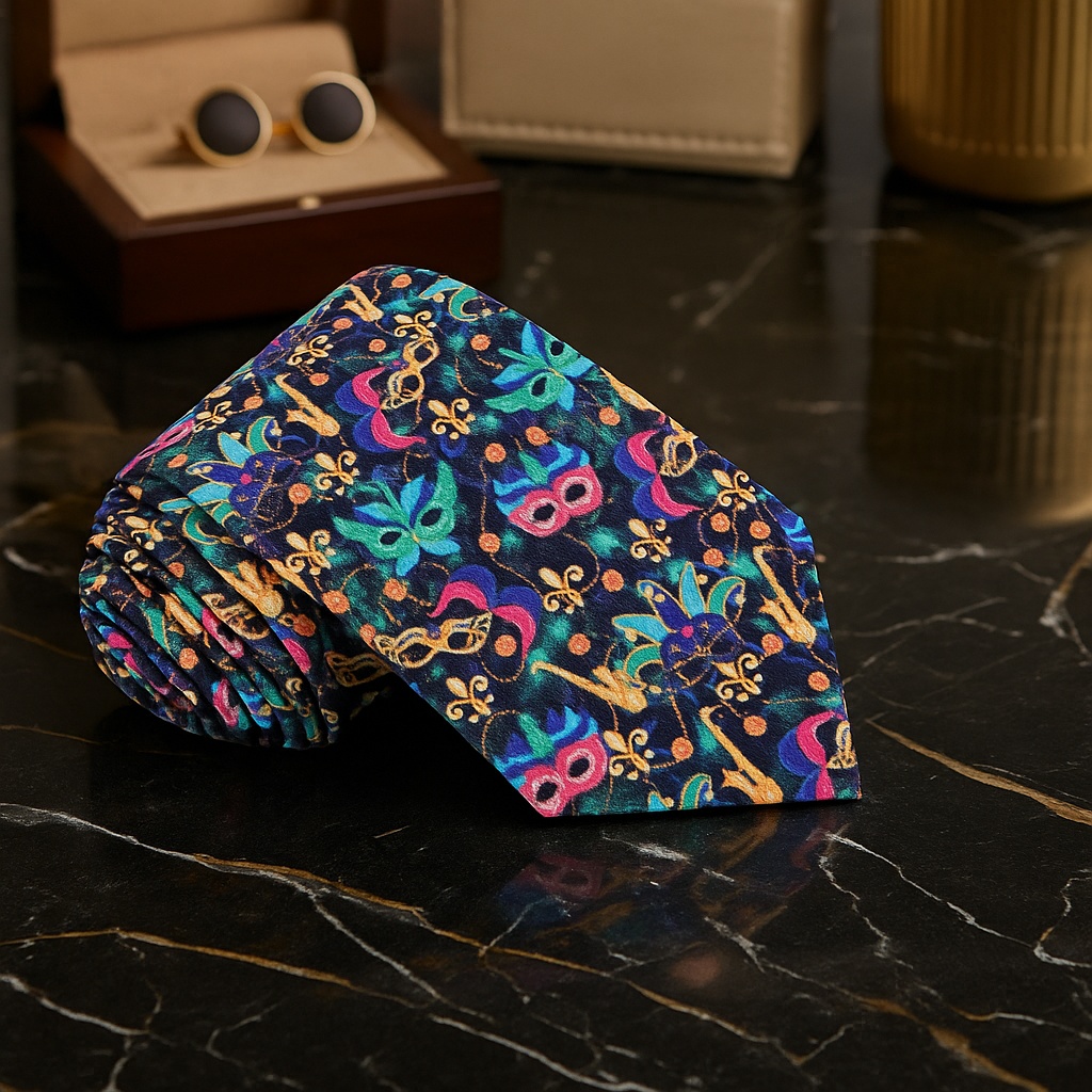 Black, Blue, Green, Pink Mardi Gras Masks Tie on black marble