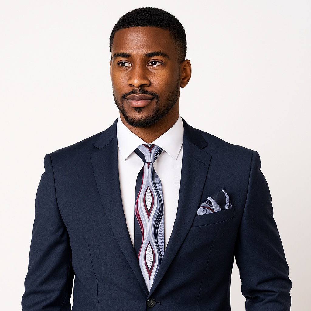 Man wearing a navy suit with a patterned tie on a plain background