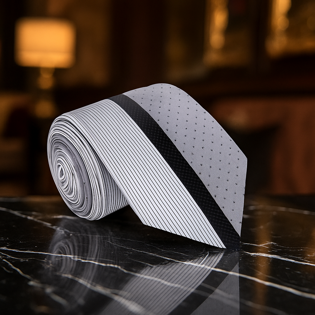 Carbon, Black Stripe Tie on black reflective surface