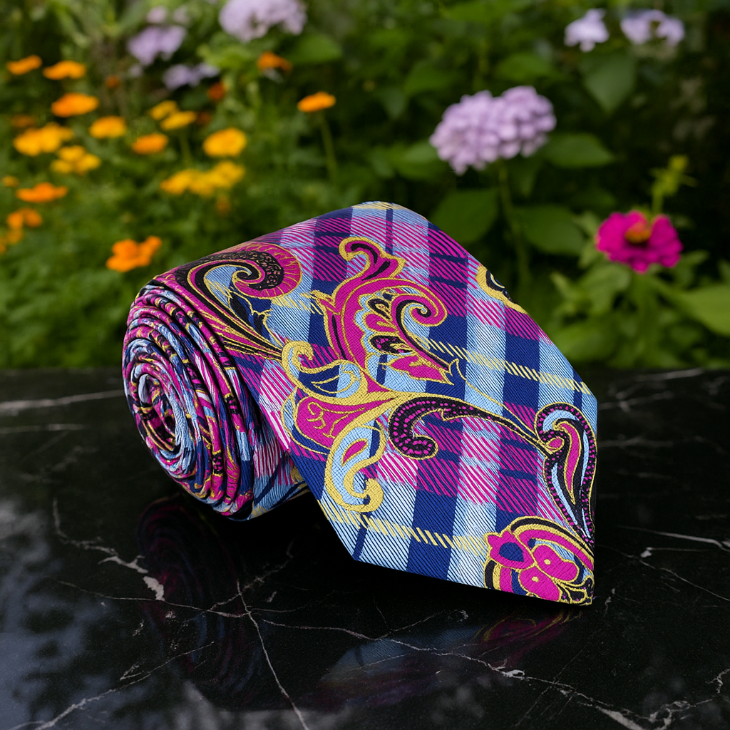 A Pink, Blue, Yellow Plaid and Paisley Pattern Silk Necktie 