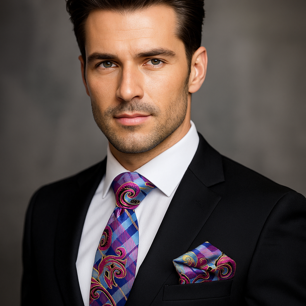 Man wearing a black suit with a A Pink, Blue, Yellow Plaid and Paisley Pattern Silk Necktie, With Matching Pocket Square