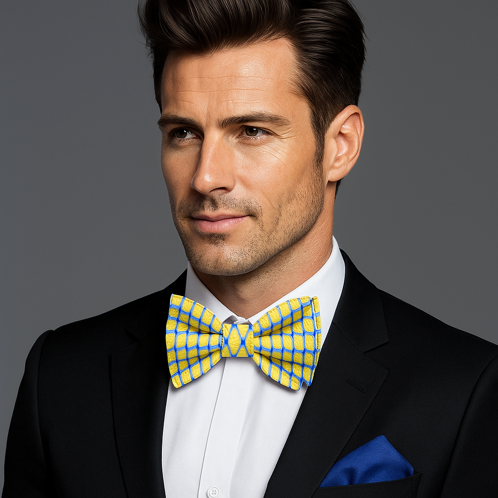 Man wearing a black suit with a yellow checkered bow tie on a gray background