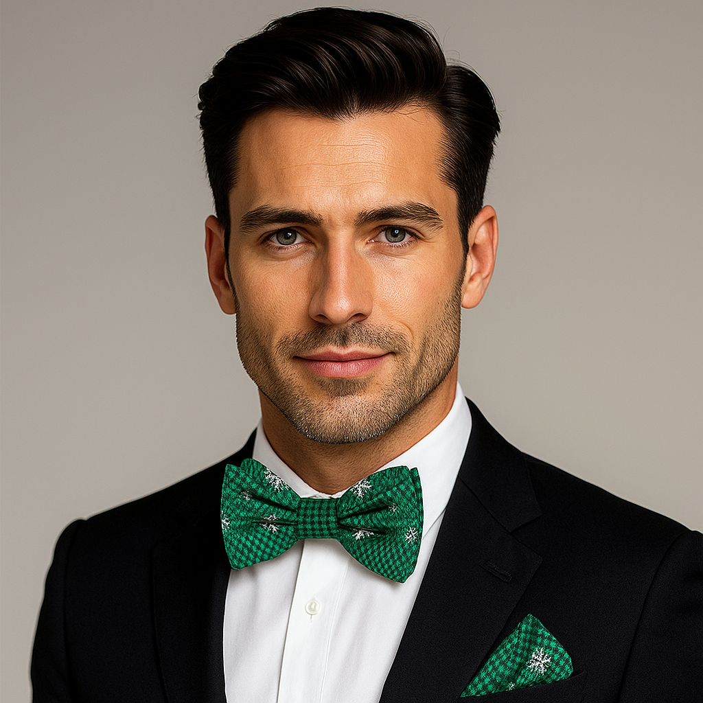 Man wearing a black suit with a green snowflake bow tie and pocket square on a gray background