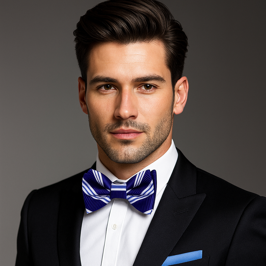 Man wearing a black suit with a white shirt and Blue, White Stripe Bow Tie and Blue Square||Blue