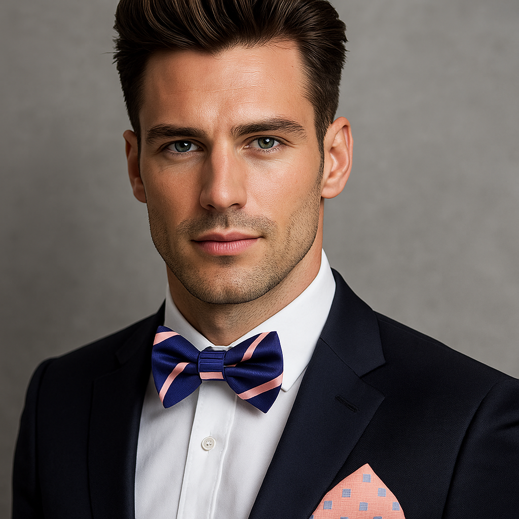 Man wearing Dark Blue with Salmon Stripes Bow Tie with Accenting Salmon and Light Blue Geometric Pocket Square