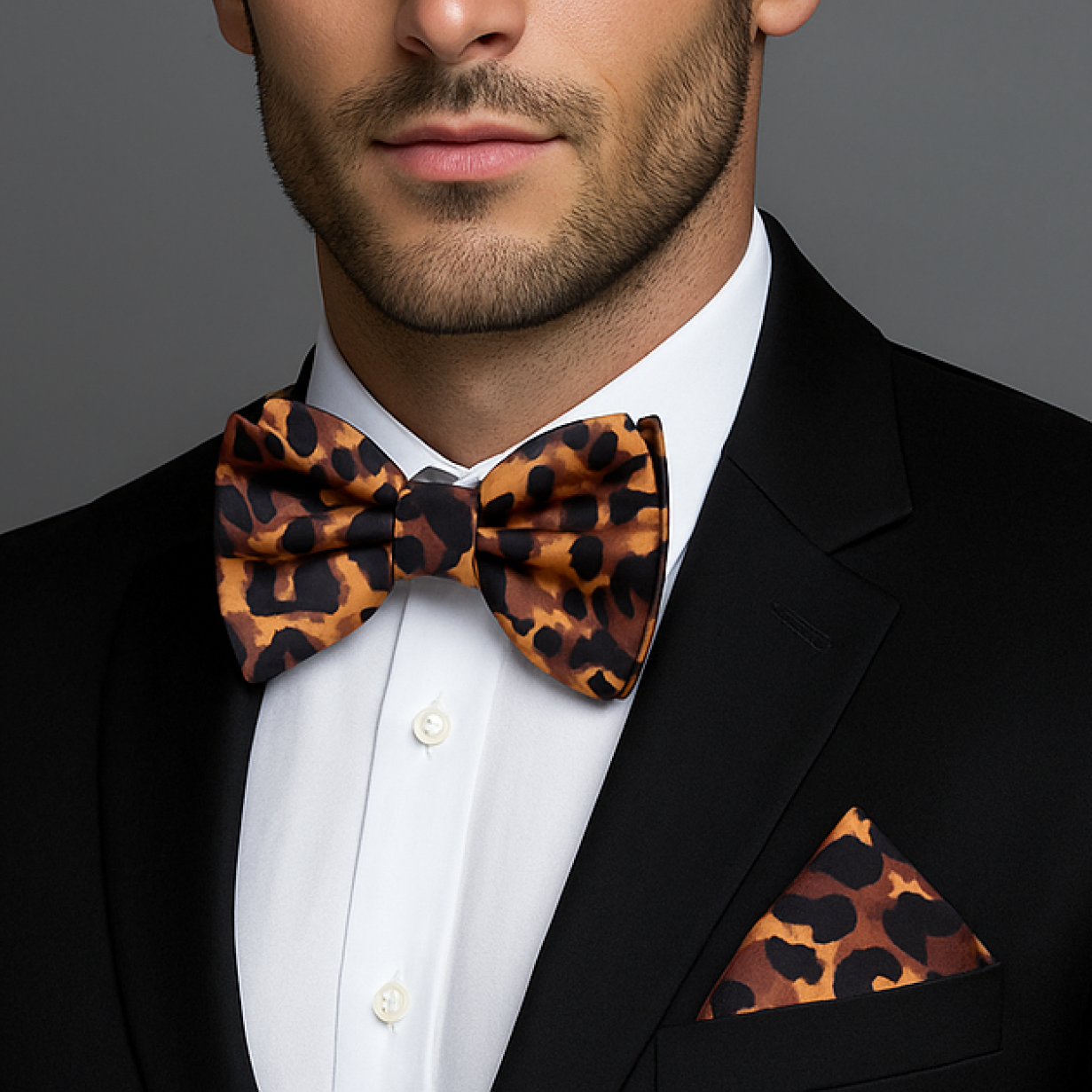 Man wearing a black suit with a leopard print bow tie and pocket square on a gray background