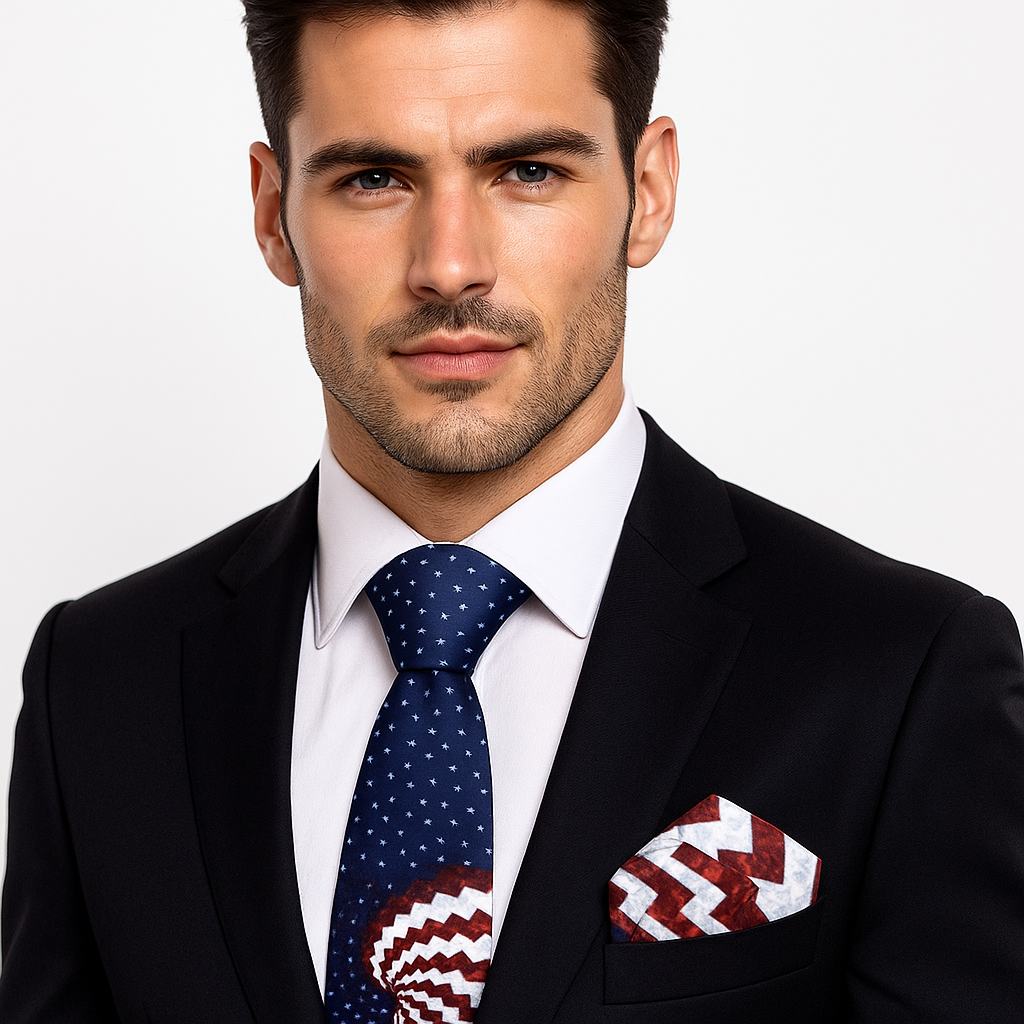 Man wearing a black suit with a Blue Red White Flag Swirl Necktie and Square