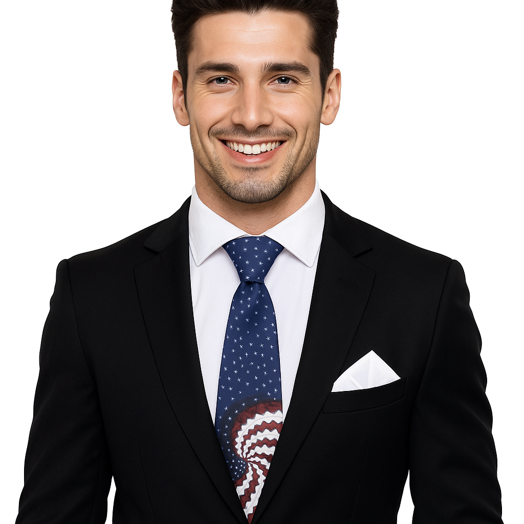 Man wearing a black suit with a Blue Red and White With An American Flag Swirl pattern and Accenting Square