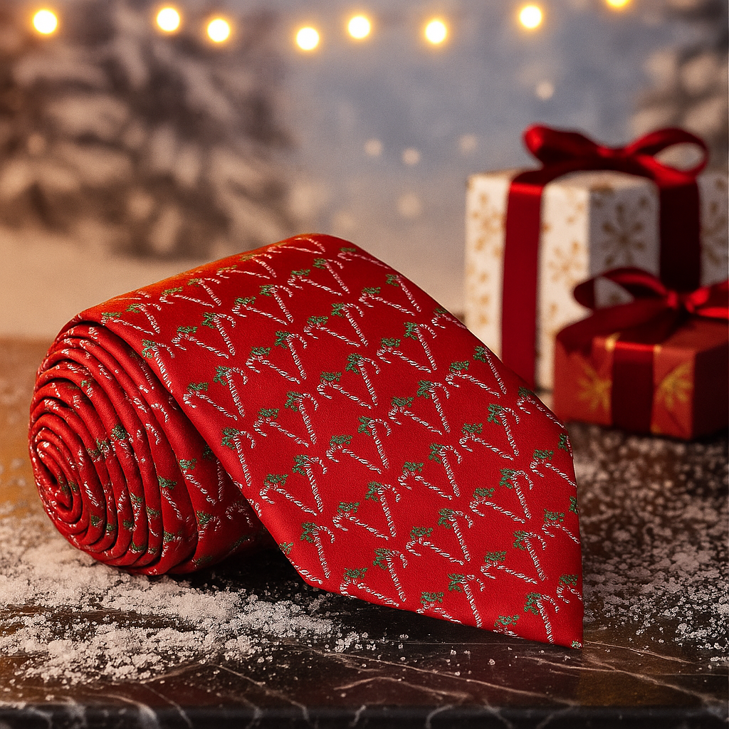 Red tie with candy cane pattern on a wooden surface with Christmas decorations in the background