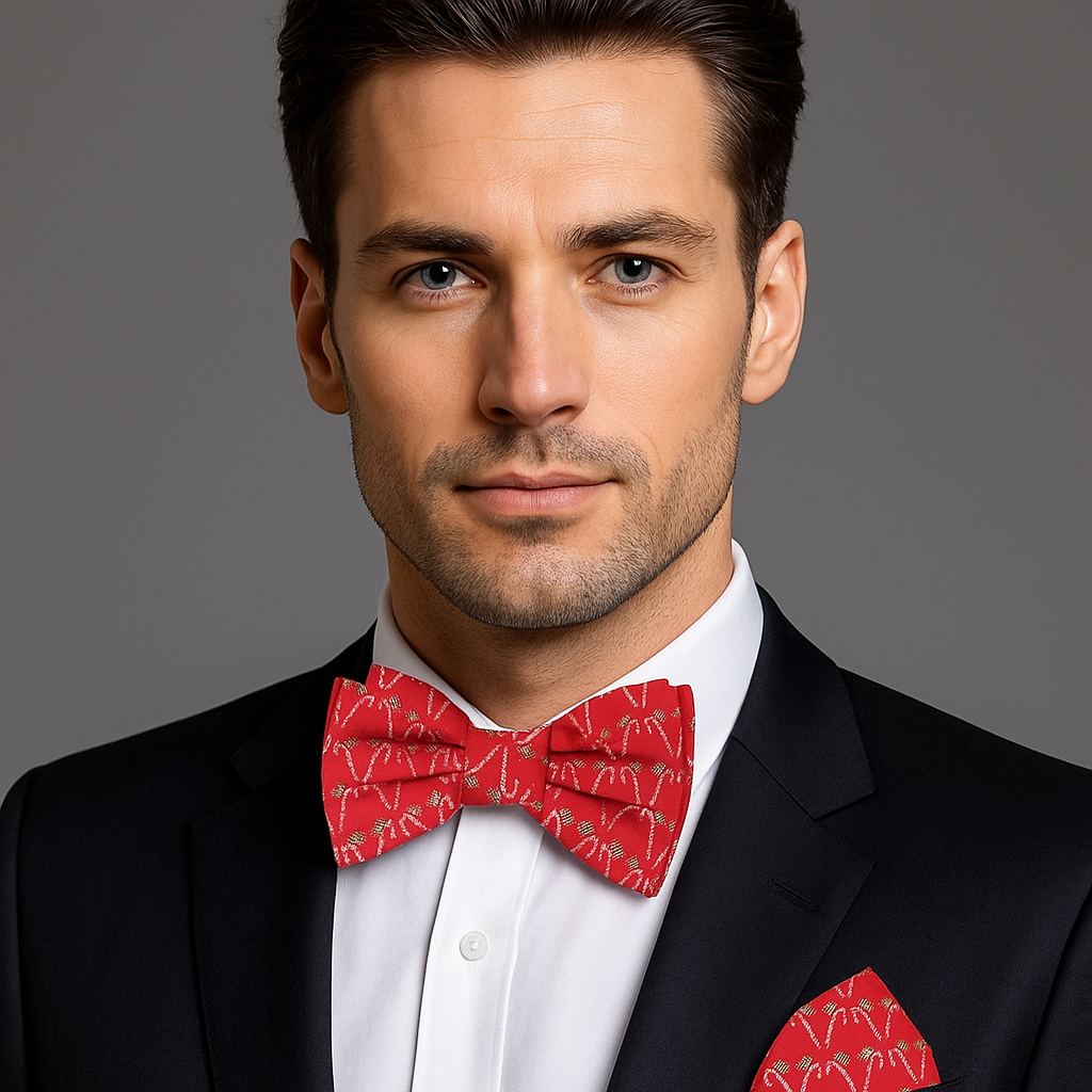 Man wearing Red, White and Green Candy Cane Bow Tie and Pocket Square