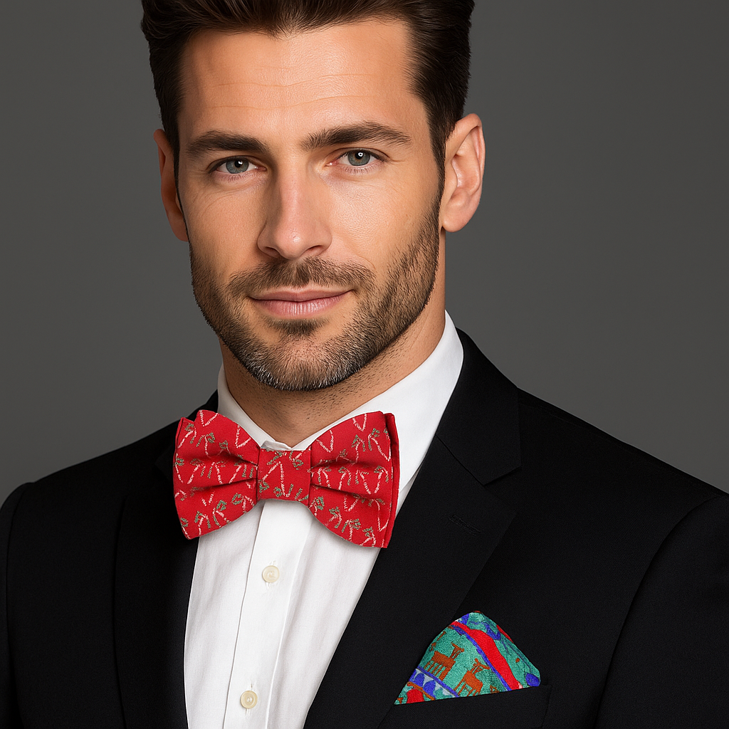 Man wearing Red, White and Green Candy Cane Bow Tie and Accenting Pocket Square