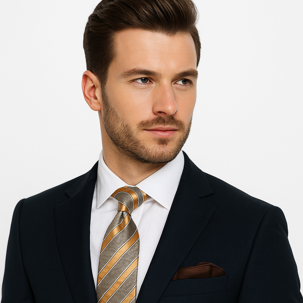 Brown and caramel stripe necktie and brown Square