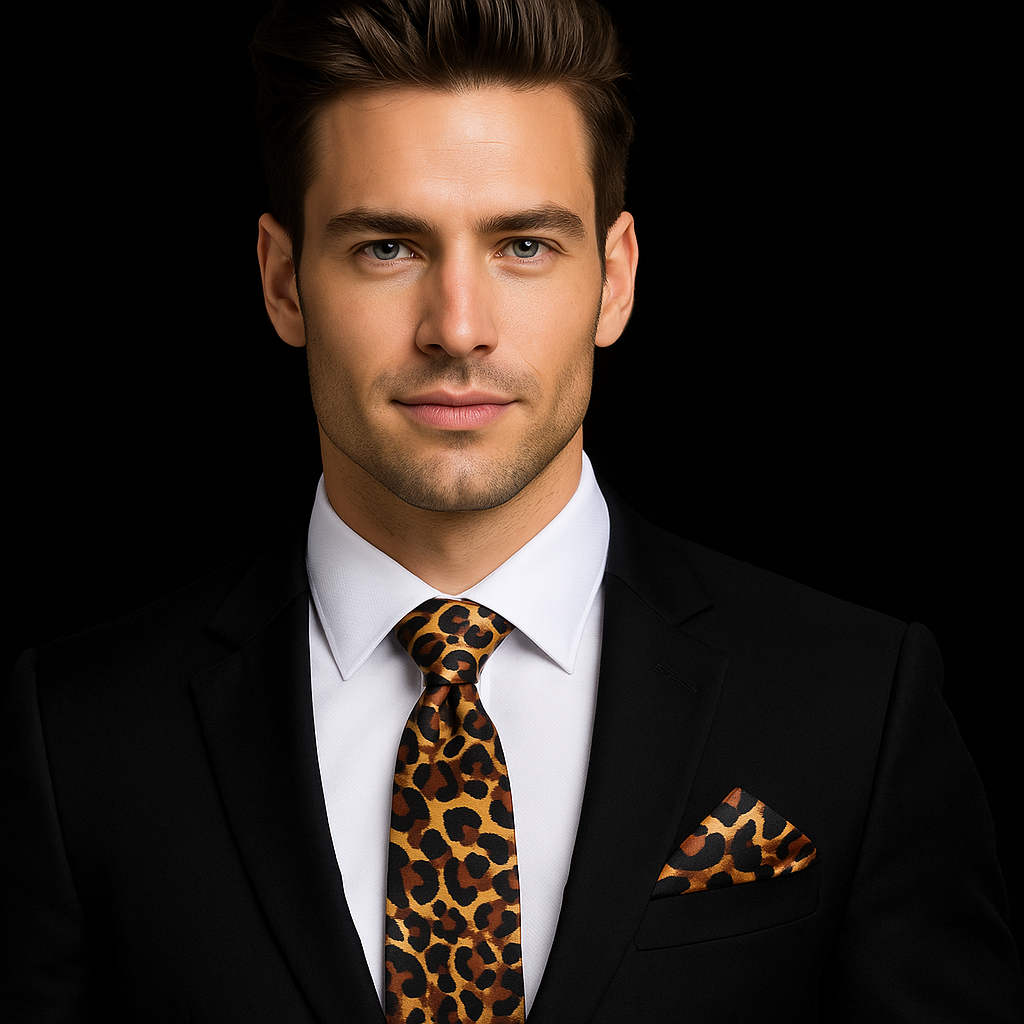 Man wearing a black suit with a cheetah print tie and pocket square against a dark background