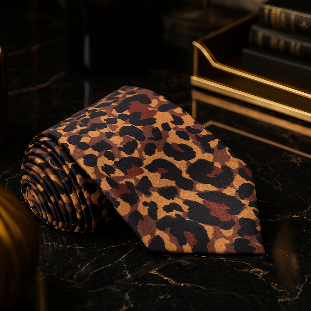 Rolled Black Orange Brown Cheetah Necktie on a dark surface with blurred background
