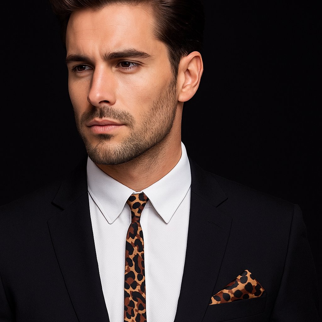 Man wearing a black suit with a leopard print thin tie and pocket square on a black background