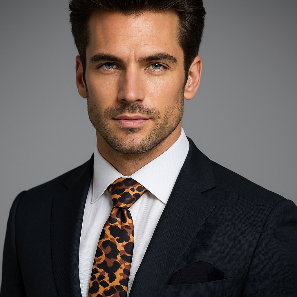 Man wearing a black suit with a white shirt and  Black Orange Brown Cheetah Necktie and black square on a gray background