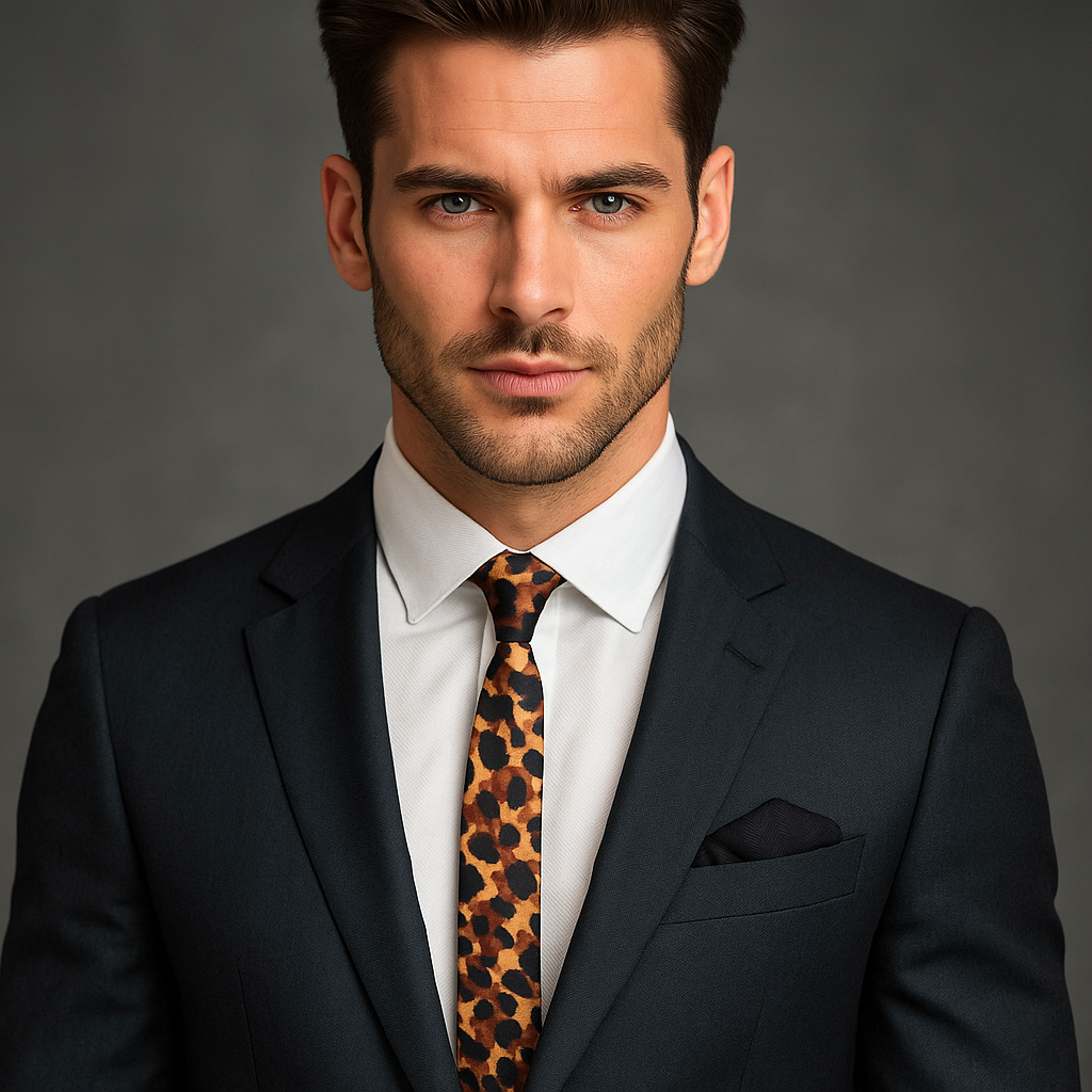 Man wearing a black suit with a white shirt and leopard print thin tie with black square on a gray background