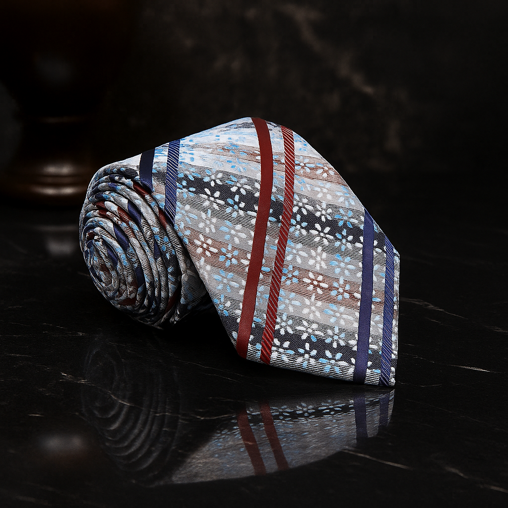 Shades of White Brown Red Stripe and Flowers Necktie on black marble