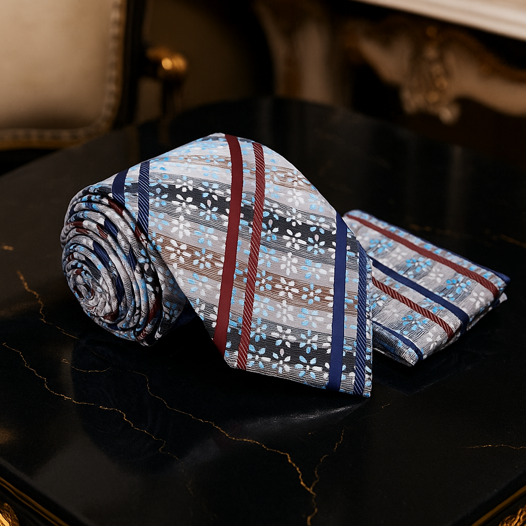 Rolled-up patterned tie on a dark surface