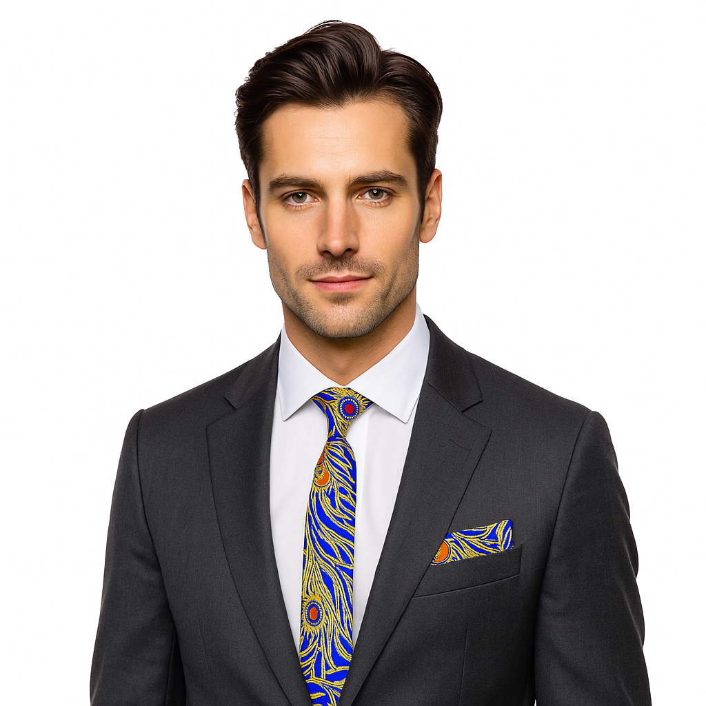 Man wearing a black suit with a colorful blue, metallic gold, red and orange peacock thin tie and pocket square on a white background