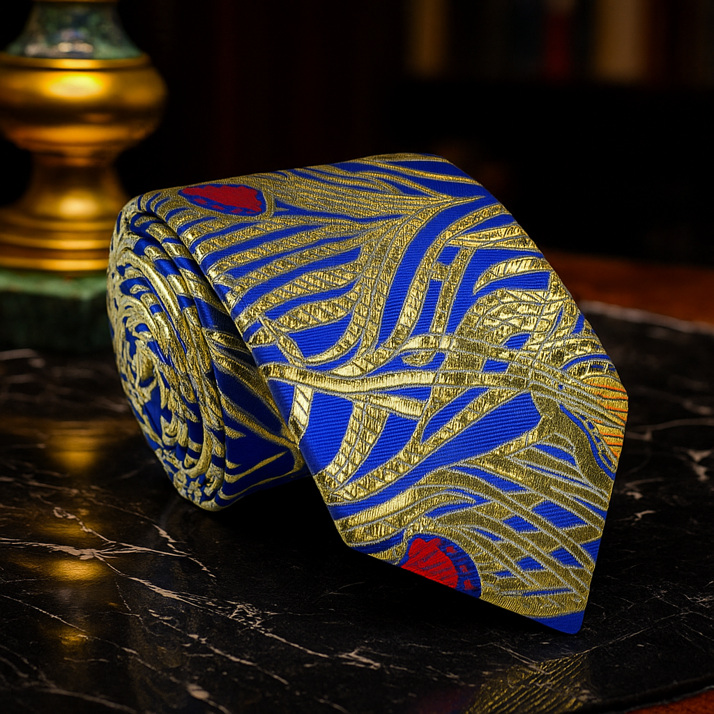 Blue with Gold, Red and Orange with a Peacock Pattern on Dark Marble Table