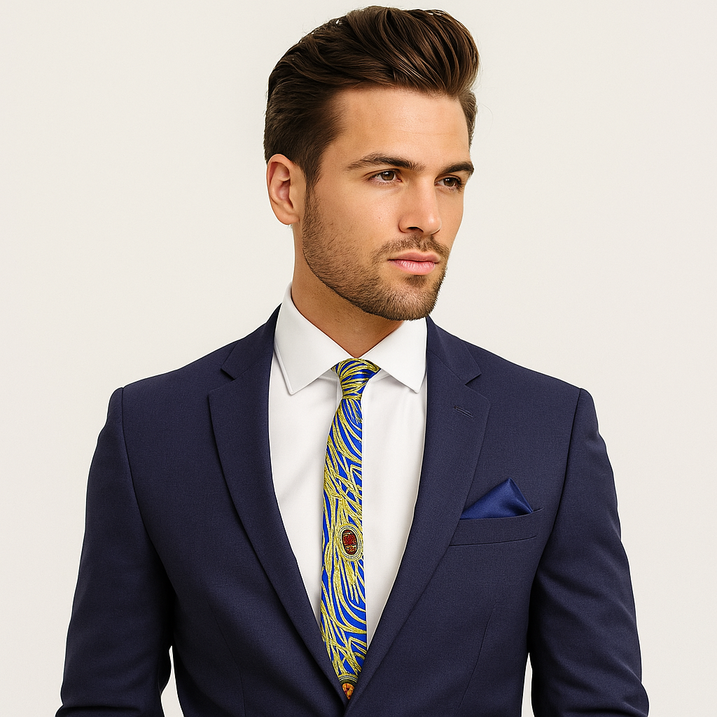 Man wearing a navy suit with a white shirt and patterned blue, gold, red and orange peacock thin tie on a light background