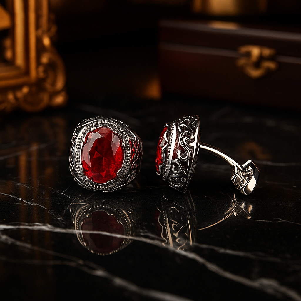 Pair of Chrome with Red Stone Circular Shape Gemstone Cuff-links on a reflective surface.