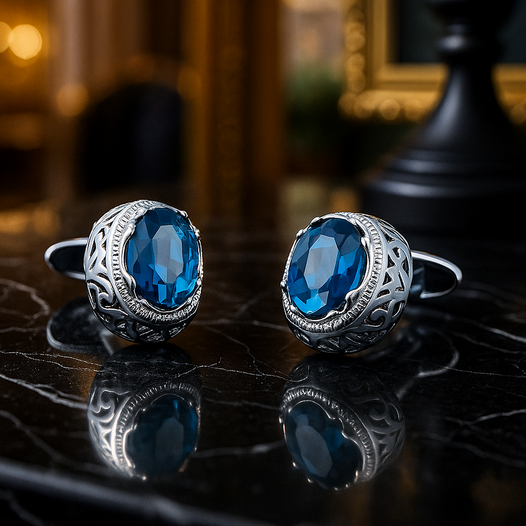 A Chrome with Blue Stone Circular Shape Gemstone Cuff-links