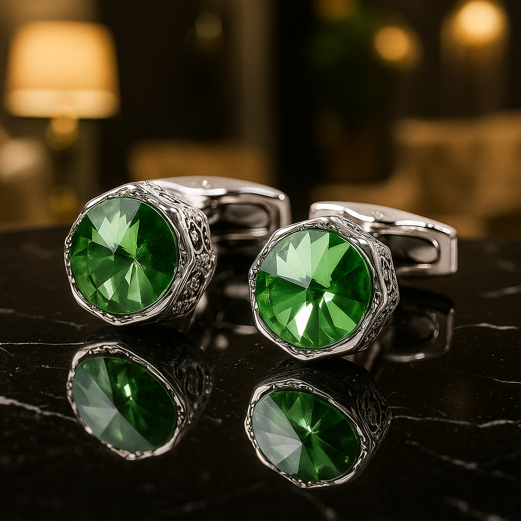 A Chrome with Green Stone Circular Shape Gemstone Cuff-links