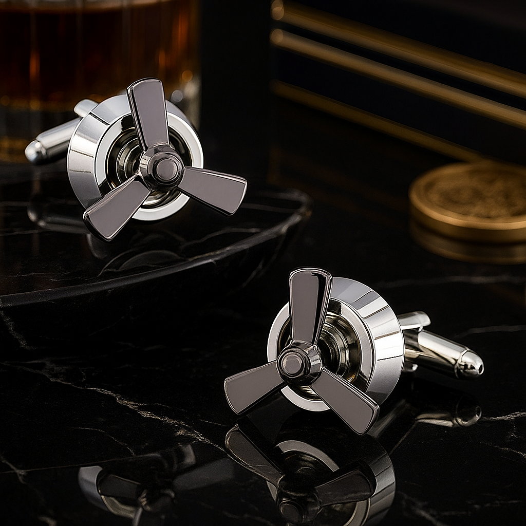 Silver propeller-shaped cufflinks on a reflective surface with a blurred background