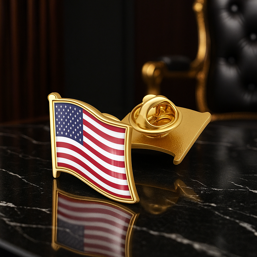 Gold American flag lapel pin on a reflective surface with a blurred background
