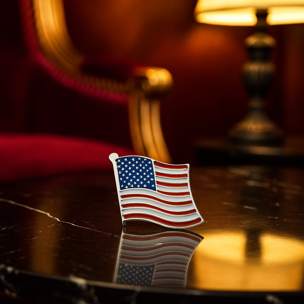American flag pin on a reflective surface with a blurred background