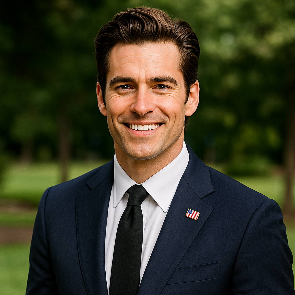 Man in a suit with an American flag pin standing outdoors