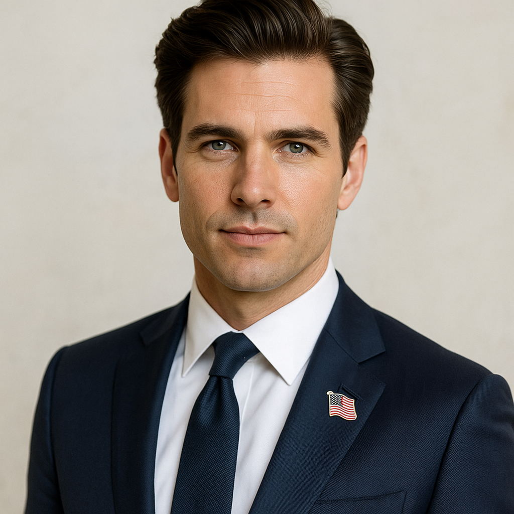 Man wearing a navy suit with an American flag pin on a plain background