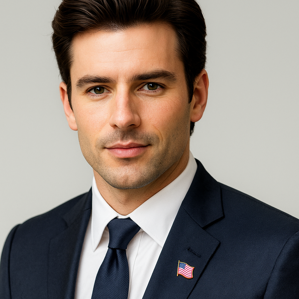 Man wearing a navy suit with a white shirt and dark tie and Gold metal wavy American flag lapel pin||Gold Wavy against a plain background