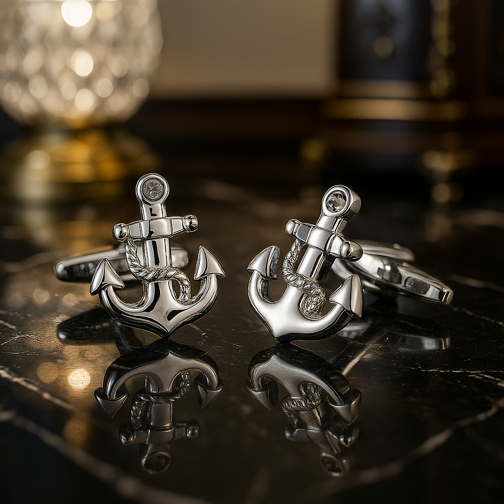 Silver anchor-shaped cufflinks on a reflective surface with blurred background