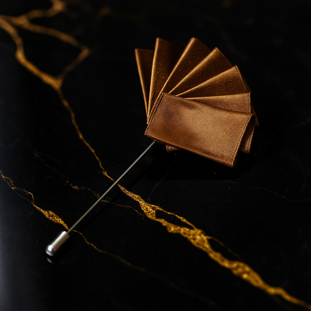 Brown lapel pin on a dark marble surface