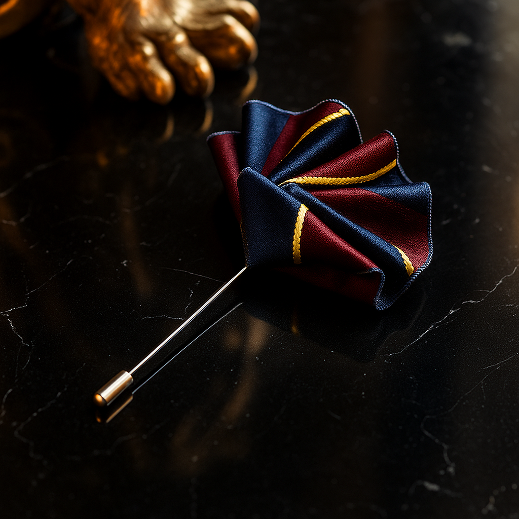 A Burgundy, Blue, Yellow Line Pocket Square Lapel Pin||Burgundy, Blue with Yellow Line