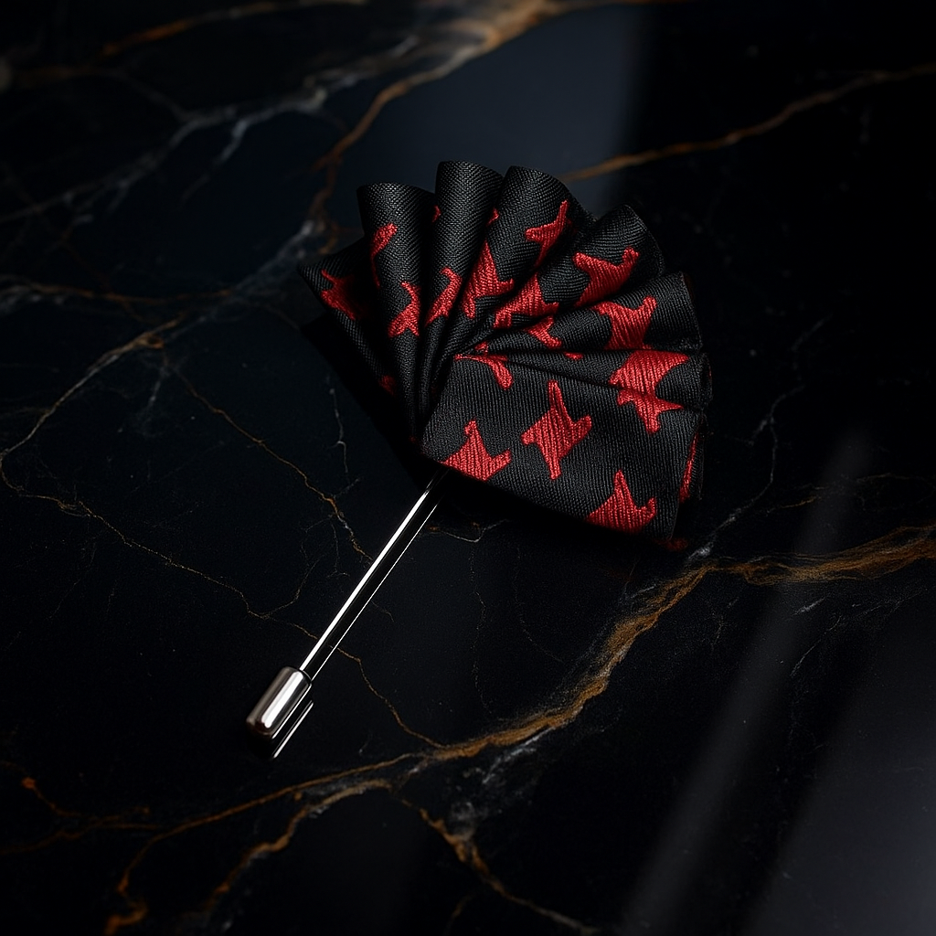 Black lapel pin with red patterns on a dark textured background