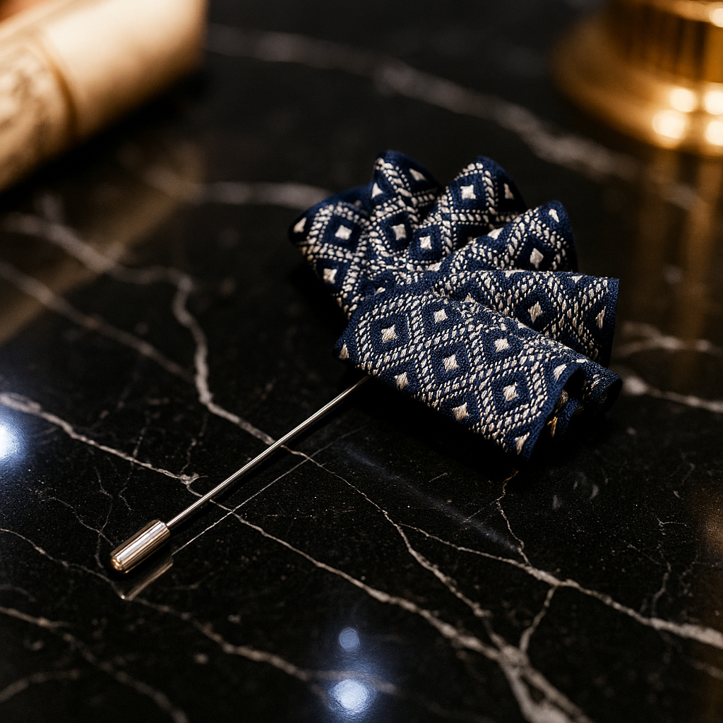 Blue patterned pocket square with a silver stick on a light gray 