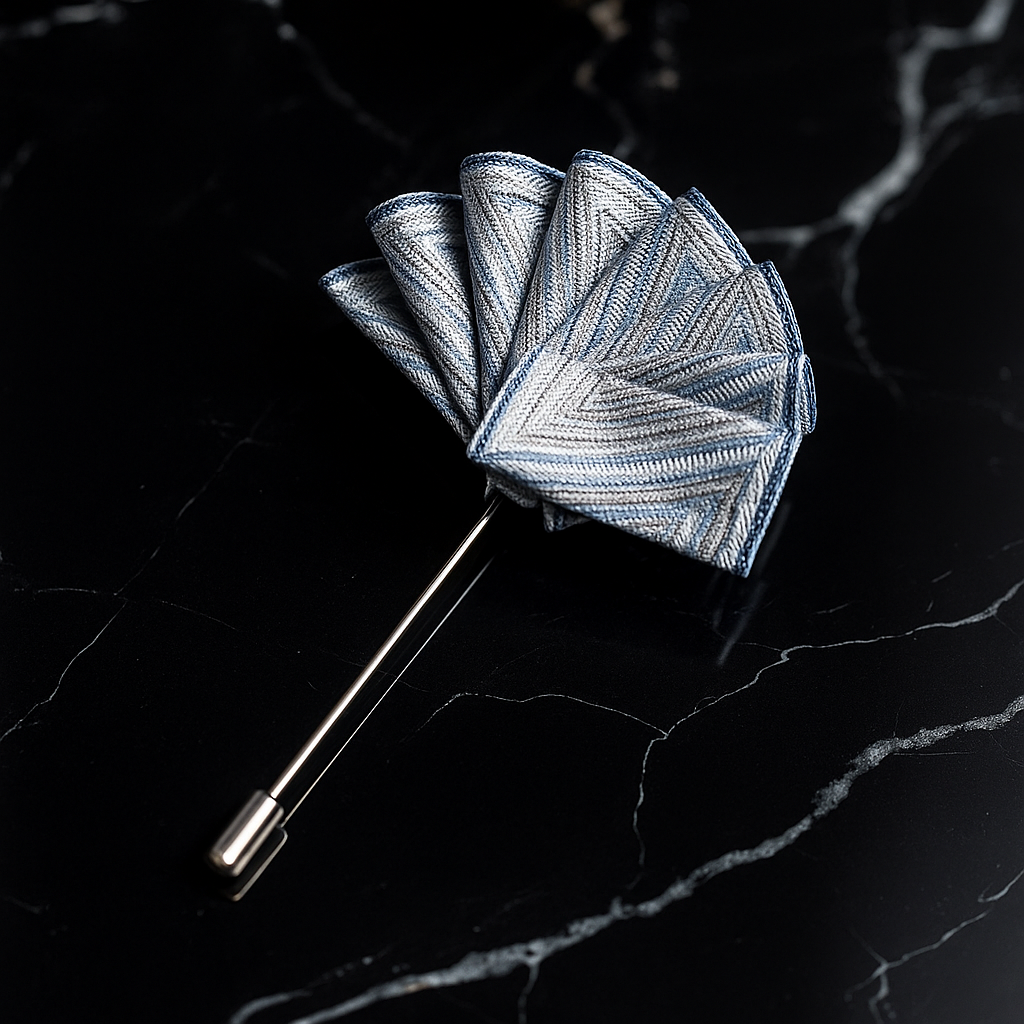 A Grey with Blue Gold Triangle Pocket Square Lapel Pin||Grey with Blue, Gold Triangle