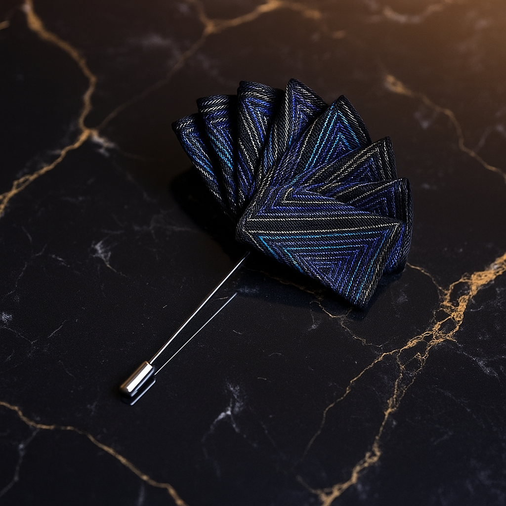 A Black, Blue, Gold Triangle Pocket Square Lapel Pin||Black with Light Blue, Blue, Gold Triangle