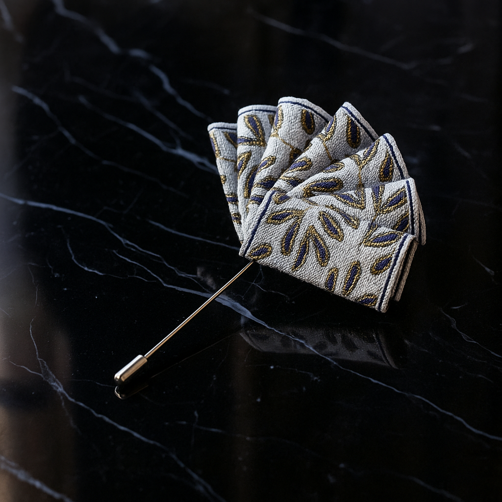 A Cream, Blue Design Pocket Square Lapel Pin||Cream with Gold, Blue Design