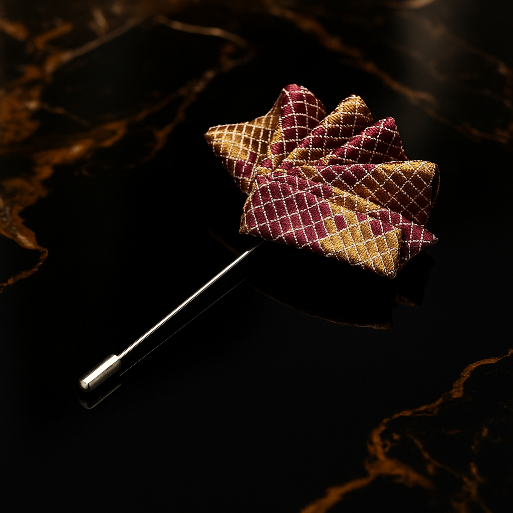 A Gold and Maroon Check Pocket Square Lapel Pin||Rich Gold and Maroon Check