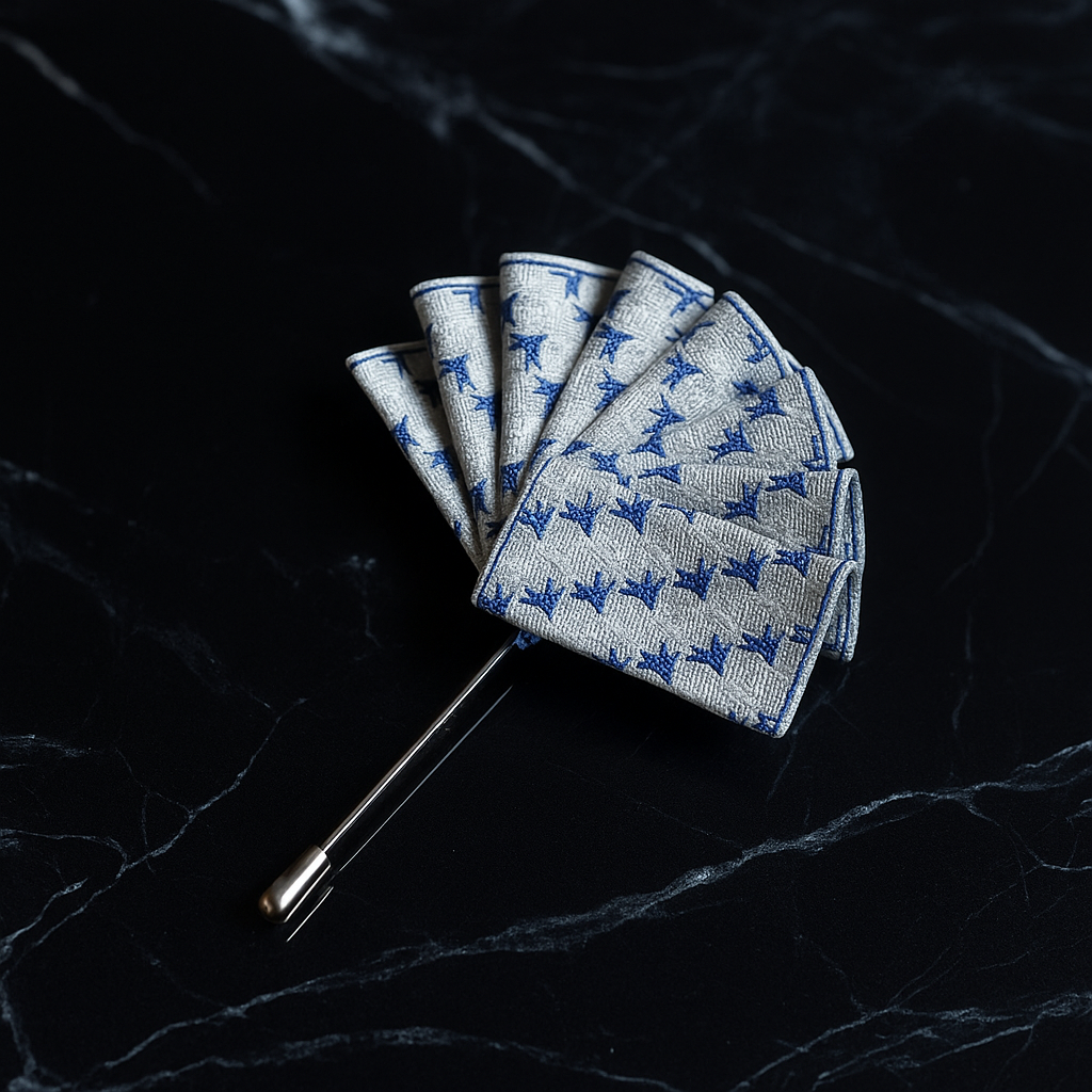 A Grey with White Blue Design Pocket Square Lapel Pin||Grey with White, Blue Design
