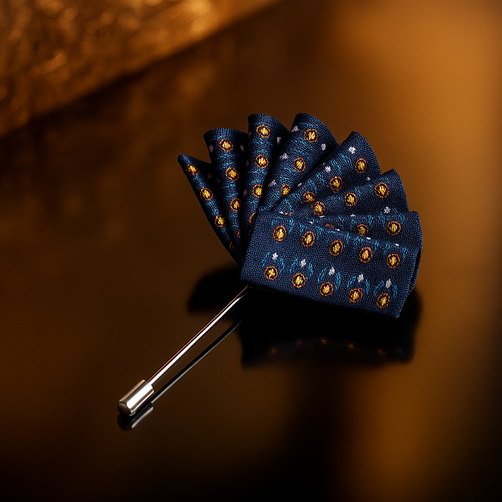 A Dark Blue with Brown Gold Design Pocket Square Lapel Pin||Dark Blue with Brown Gold White Design