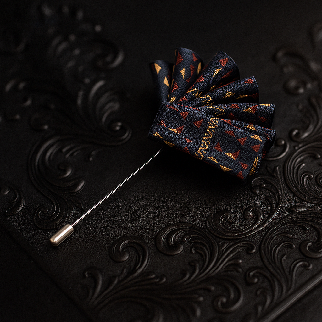 A Deep Blue With Copper Design Pocket Square Lapel Pin||Deep Blue with Copper and Light Brown Design