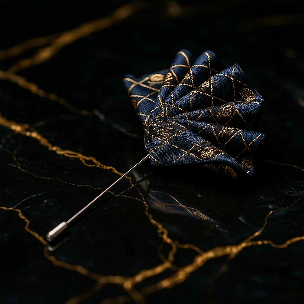 A Deep Blue Brown Skull Bones Pattern Pocket Square Lapel Pin||Dark Blue with Golden Brown Skull and Bones