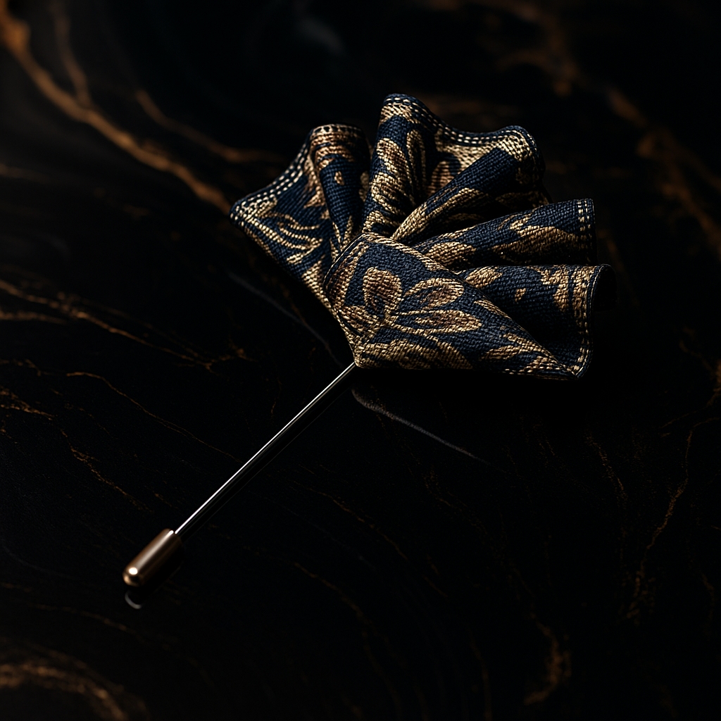 A Dark Blue with Gold Brown Floral Pattern Pocket Square Lapel Pin||Dark Blue with Light Brown, Gold Floral